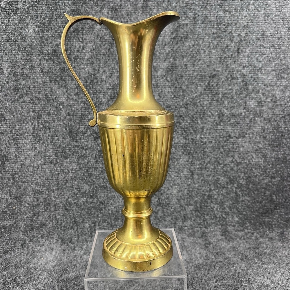 Large Brass Pitcher With Handle Patina Made In India Jug Vase Boho Vintage 10"